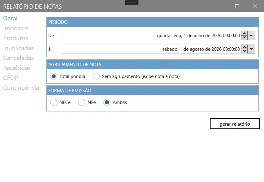 Tela Relatório de Notas na aba Geral, com a lista de abas à esquerda e, à direita, o período, o agrupamento de nota e a forma de emissão
