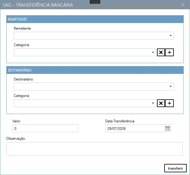 Tela de transferência bancária, com os blocos Remetente e Destinatário, cada um com conta e categoria, e os campos de valor, data e observação