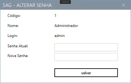 Janela Alterar Senha do SAG, com Código, Nome, Login e os campos Senha Atual e Nova Senha