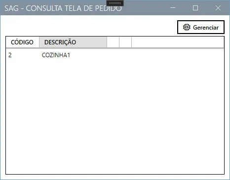 Janela Consulta Tela de Pedido, com as colunas Código e Descrição e o botão Gerenciar