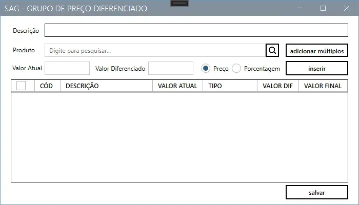 Cadastro de grupo de preço diferenciado, com busca de produto, valor atual, valor diferenciado e a grade do grupo
