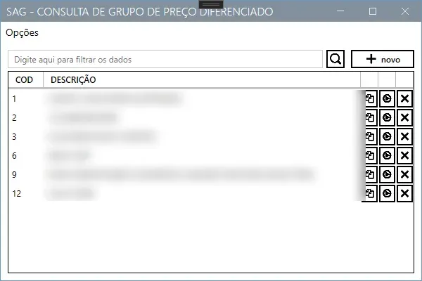 Consulta de grupos de preço diferenciado, com o botão novo à direita