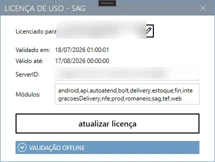 Janela Licença de Uso do SAG, com Validado em, Válido até, Módulos e o botão atualizar licença
