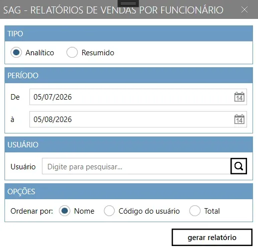 Tela Relatórios de Vendas por Funcionário, com os blocos Tipo, Período, Usuário e Opções, e o botão gerar relatório