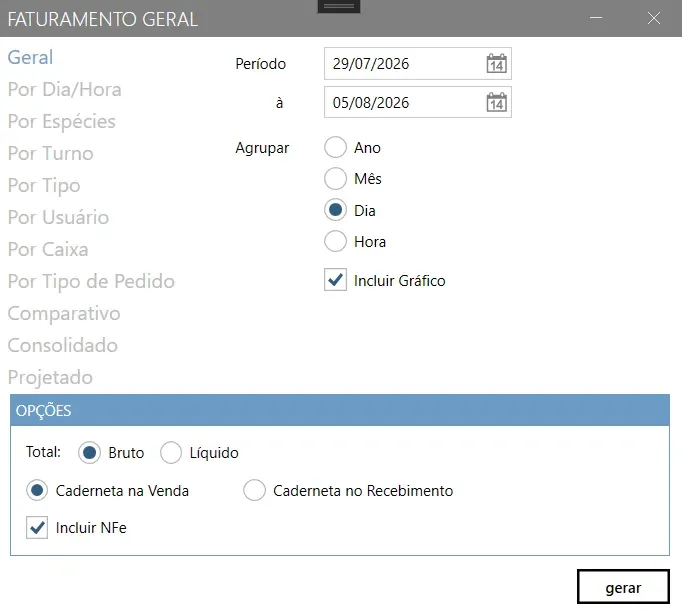 Tela Faturamento Geral, com a lista de recortes à esquerda, o período e o agrupamento à direita, e o bloco Opções com bruto ou líquido, caderneta na venda ou no recebimento e incluir NFe