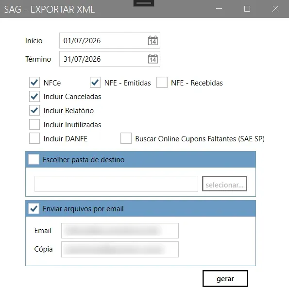 Tela Exportar XML, com o período, as marcações de tipo de documento e os blocos de pasta de destino e envio por e-mail