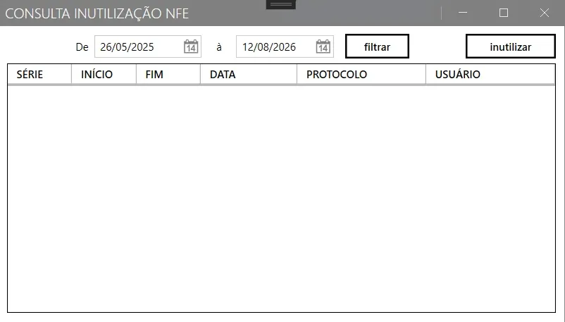 Consulta Inutilização NFE, com a lista de inutilizações e o botão inutilizar no alto