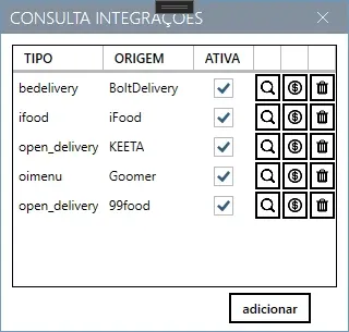 Janela Consulta Integrações, com as colunas Tipo, Origem e Ativa e o botão adicionar